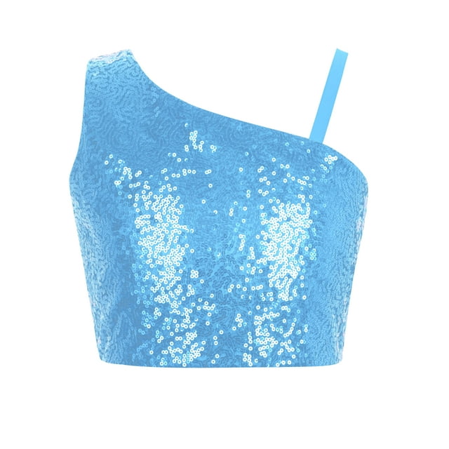 JanJean Girls Sequin Crop Top Kids Off Shoulder Sparkly Pageant Prom Party Glitter Tank Tops Blue 6