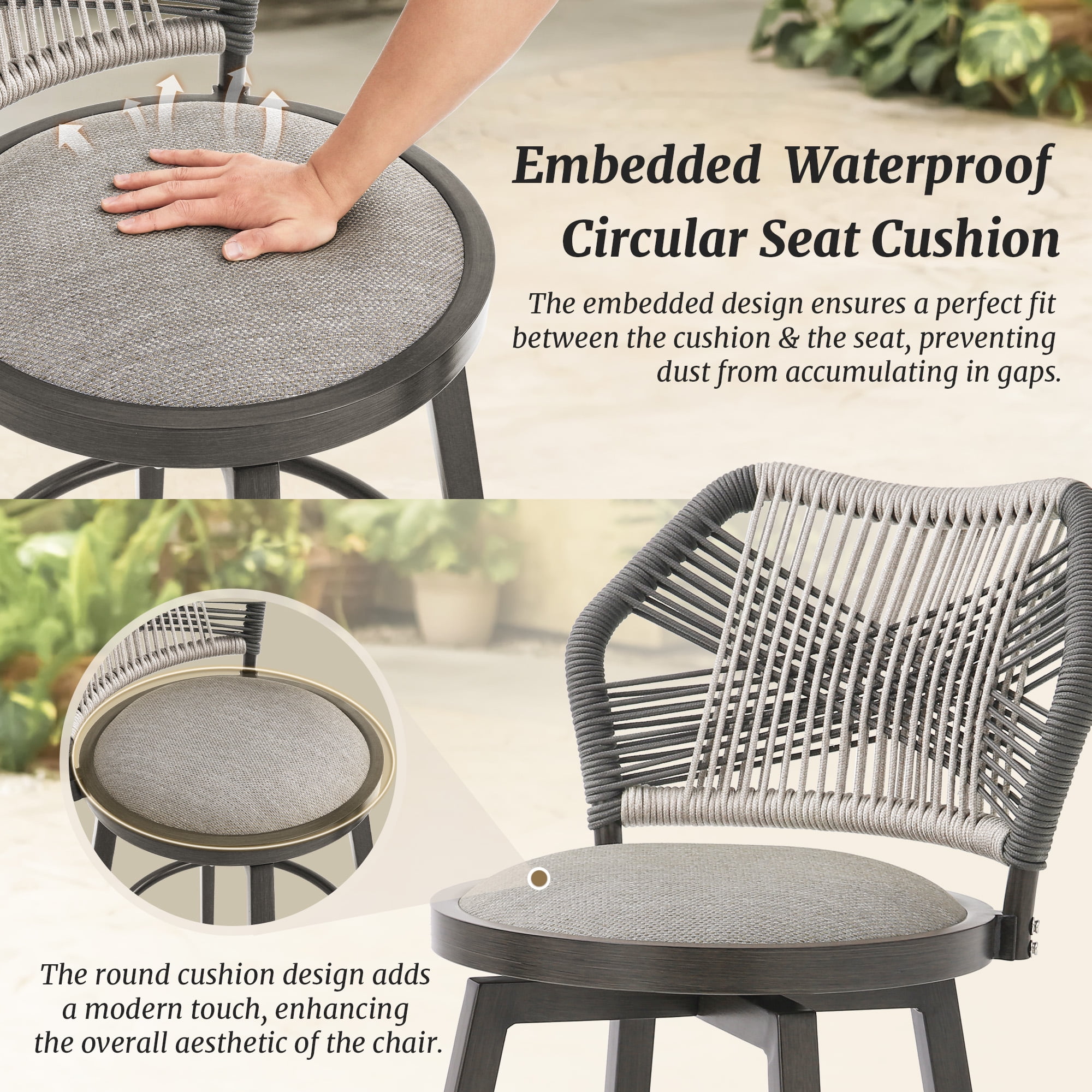 Dycanpo 26'' Swivel Bar Stools Set of 2, Counter Height Stools with Woven Backrest & Footrest, Gray