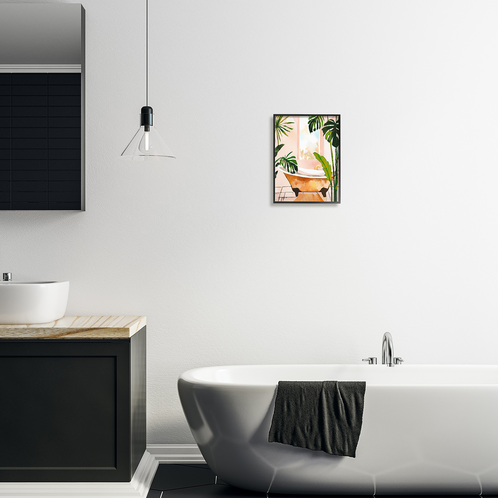 Stupell Industries Tropical Plants & Bathtub Botanical & Floral Painting Black Framed Art Print Wall Art, 11 x 14