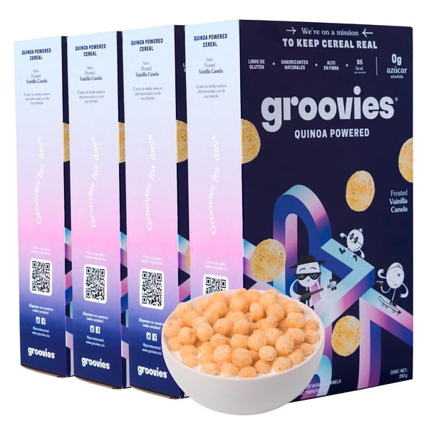 GROOVIES | Pack x4 Cereal de Quinoa Sin Azúcar | Cereales Gluten Free - Ideal para Tomar con Leche - Fuente de Proteina | Quinoa Inflada Frosted Vainilla - Snacks Saludables para Ni&nti