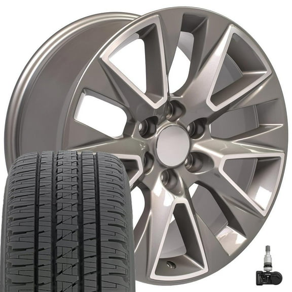 OE Wheels CV26 20 Inch Rims and Tires Fit Silverado 1500 LTZ Style 6x139.7 20x9 Gloss Silver Machined - Hollander 5919 - Dueler H/L Alenza 275/55-20 (Set of 4)