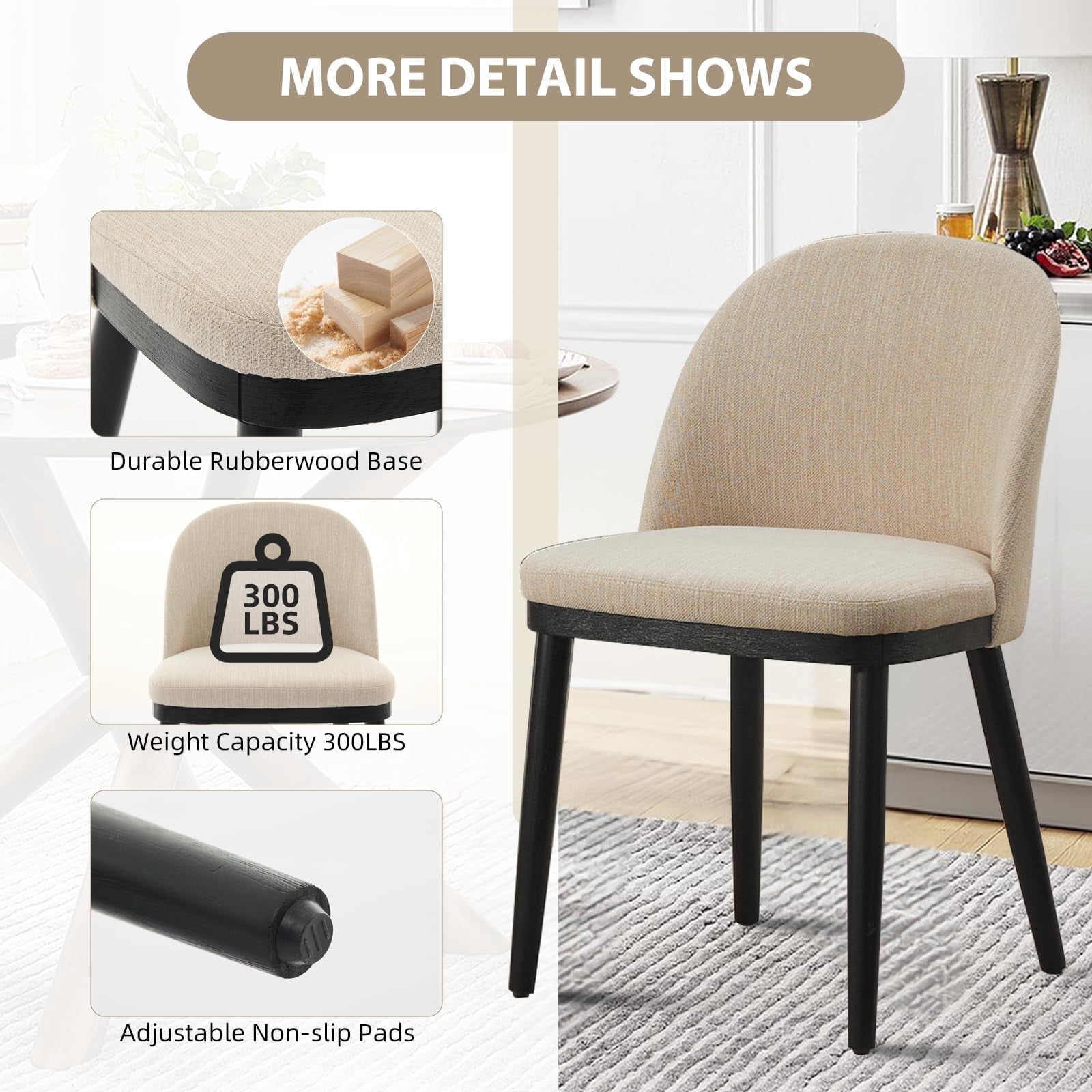 COZONY Set of 6 Upholstered Dining Chairs, Modern Farmhouse Side Chairs with Padded Seat and Wood Legs, Open Back Design,Beige