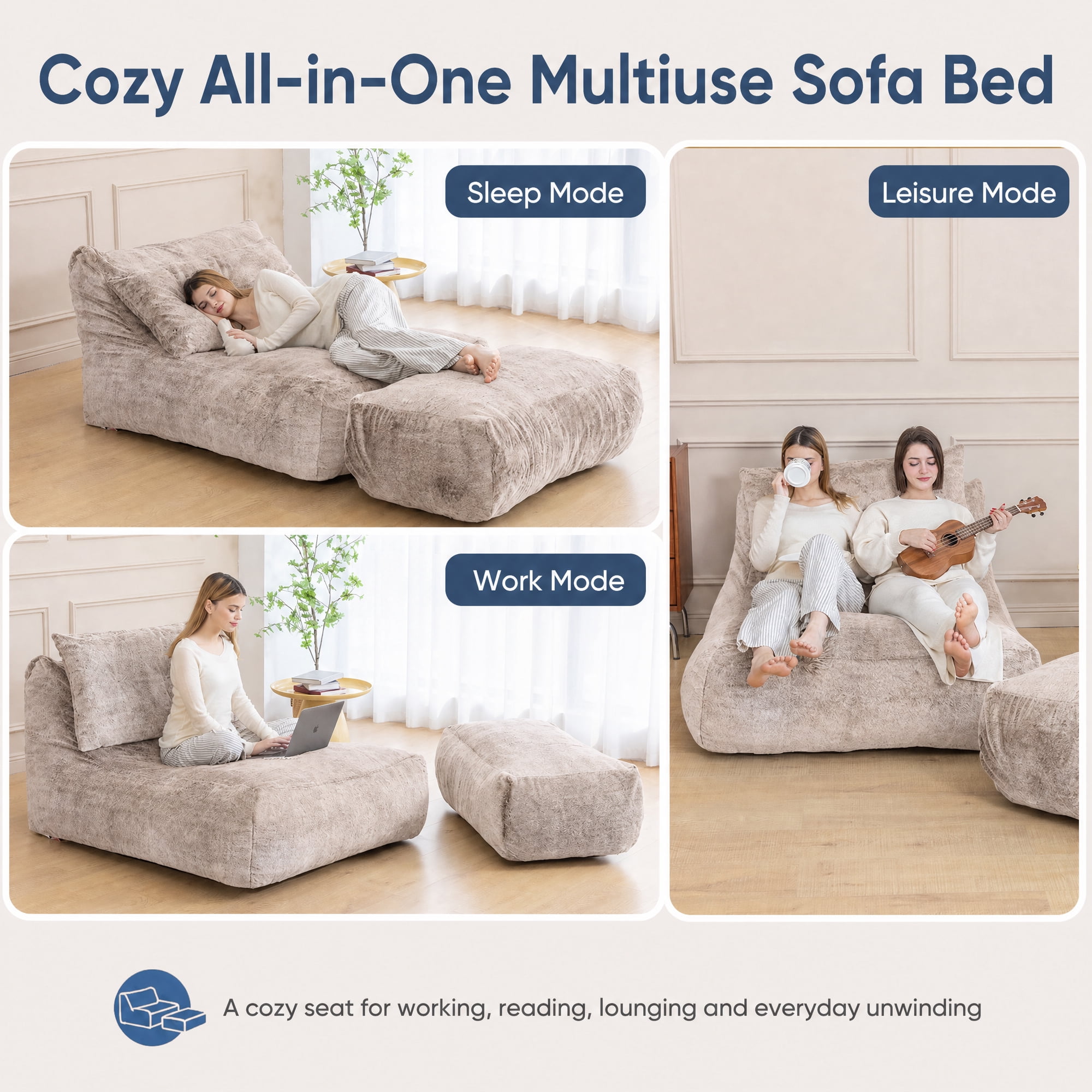 Alvantor Convertible Plush Sofa Bed with Ottoman and Pillow, Oversized Shaggy Faux Fur Floor Sofa, Foam Filled Armless Sleeper for Living Room, Bedroom, Dorm