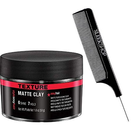 Style Sexy Hair MATTE CLAY, TEXTURE, Matte Texturizing Clay, 0 Shine, 7 Hold (with Sleek Steel Pin Tail Comb) (1.8 oz / 50