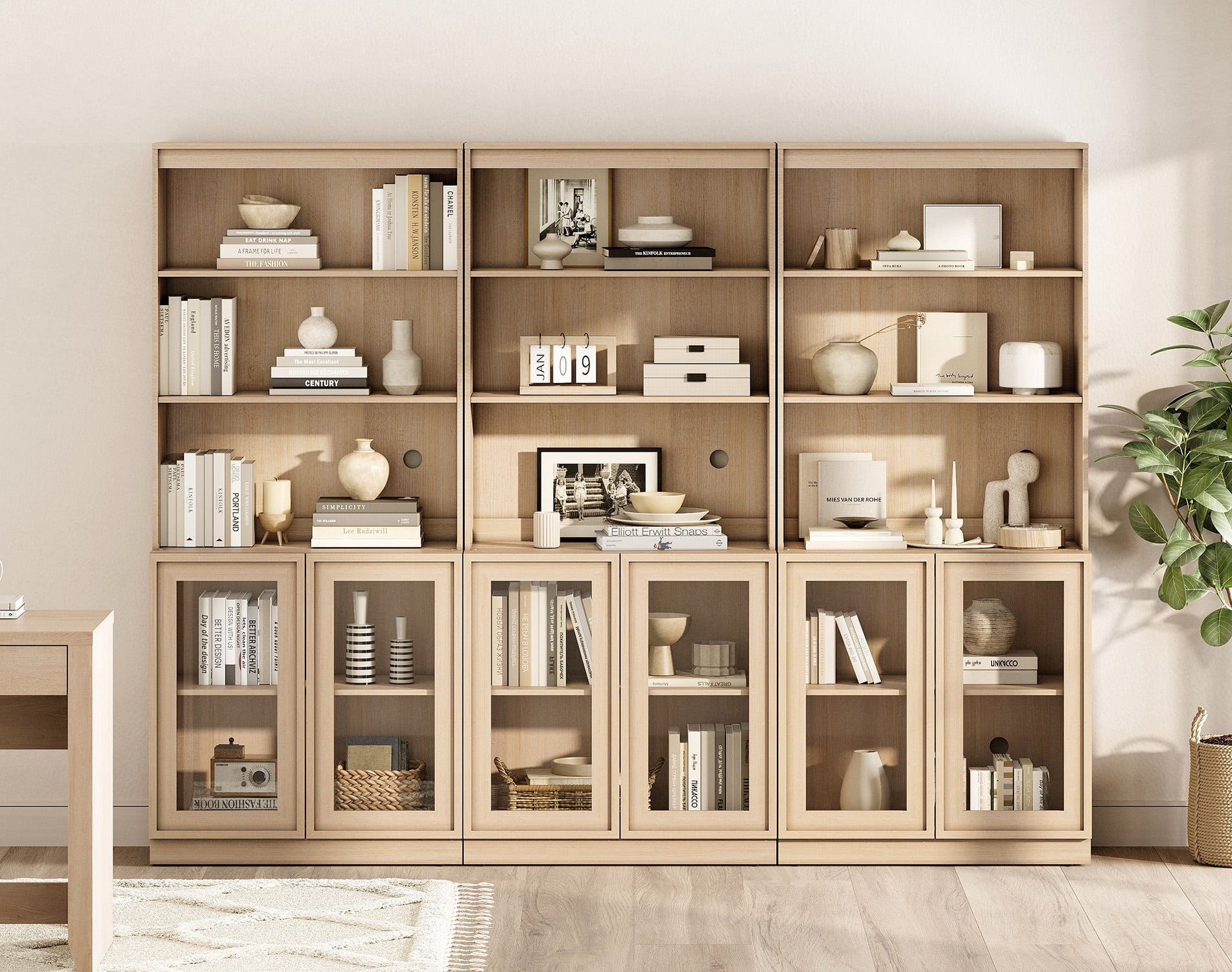 Modern 72" Tall Bookshelf with Glass Doors and Adjustable Shelves, Library Bookcase with Storage Cabinet and Open Shelves,Beige