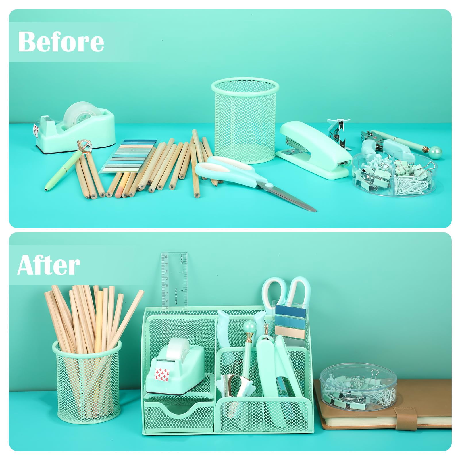 Green Desk Organizers And Accessories  Teal Office Supplies Set Mesh Organizer Stapler Tape Dispenser 1000 Staples Staple Remover Pen Holder Clips Ruler