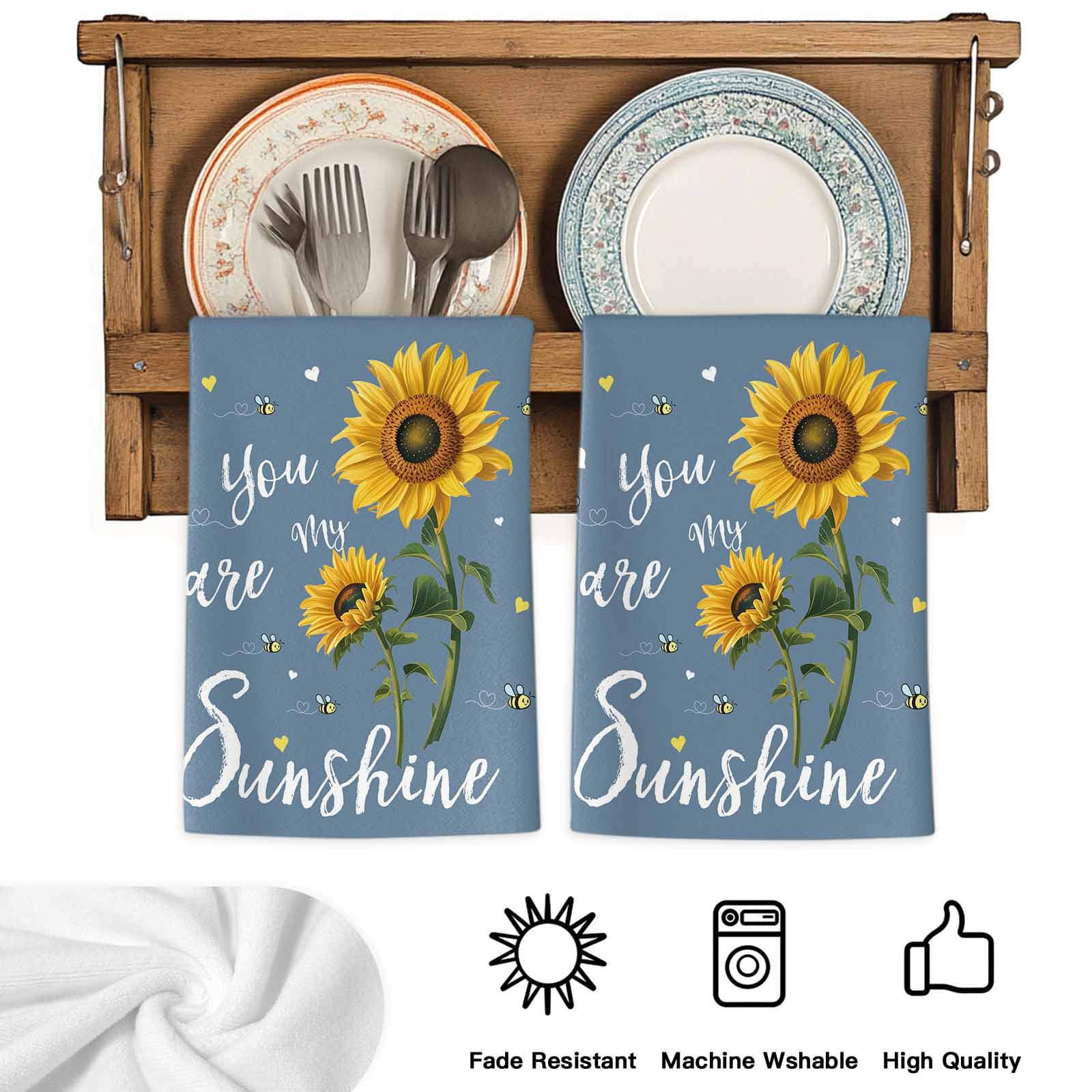 Dish Towels, You Are My Sunshine Absorbent Kitchen Towels 2 PCS, Bee Heart Floral Haze Blue Microfiber Hand Towels Dish Cloths Tea Towels for Home&nbsp;Bathroom Cleaning Drying,18X28-Inch,
