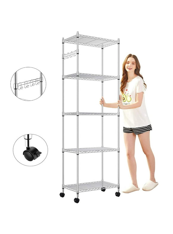 5-Tier Shelf Wire Shelving Racks with Casters Hooks Kitchen Steel Storage Shelf Rack, Sturdy Metal Shelves Unit Organizer for Home Office 23.2 x 13.8 x 72" Silver