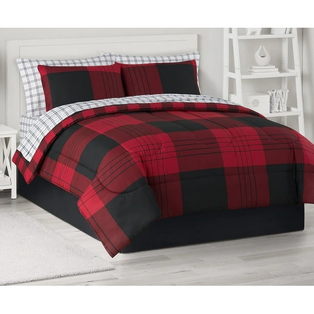 Red & Black Buffalo Plaid Farmhouse Cabin Twin Comforter Set (6 Piece Bed In A Bag) Walmart