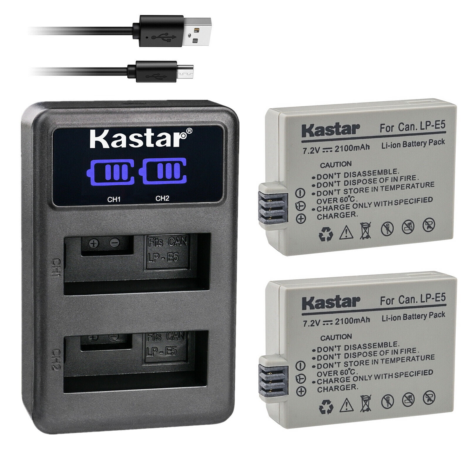 Kastar 2-Pack LP-E5 Battery and LED2 USB Charger Compatible with Canon EOS Rebel XSi, EOS Rebel XS, EOS Rebel T1i, EOS 450D, EOS 500D, EOS 1000D Digital Camera