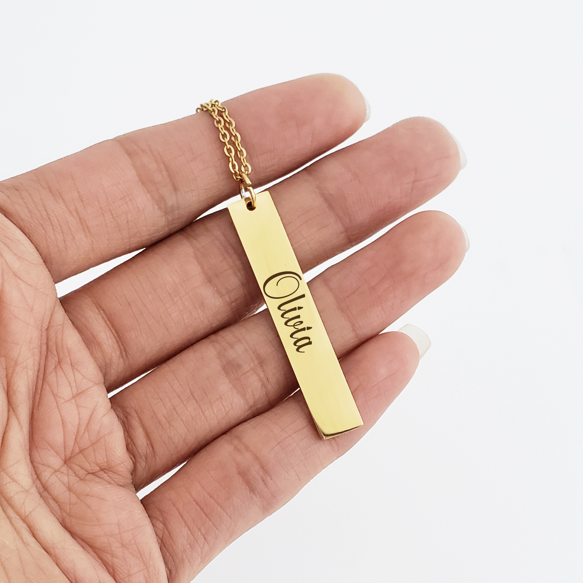 Personalized Women's Stainless Steel Gold Vertical Bar Name Necklace Custom Made Birthday Gift for Girlfriend Engravable Gift for Mom Free Jewelry Gift Box Ships Next Day
