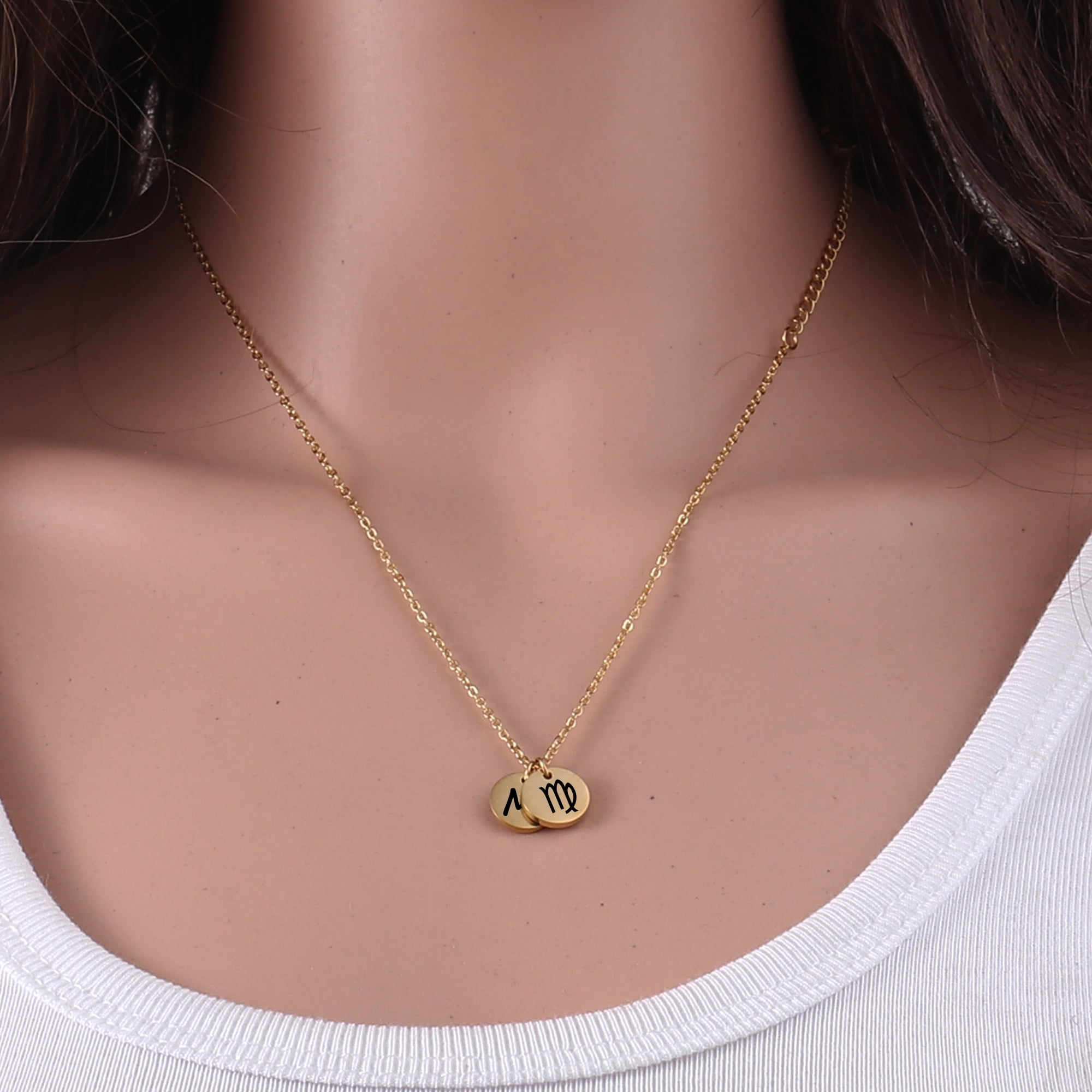 Personalized Round Constellation Initial Necklace - Engraved Zodiac Symbol Jewelry - Christmas Gift for Her - Stainless Steel - 18" Chain - Gold Virgo