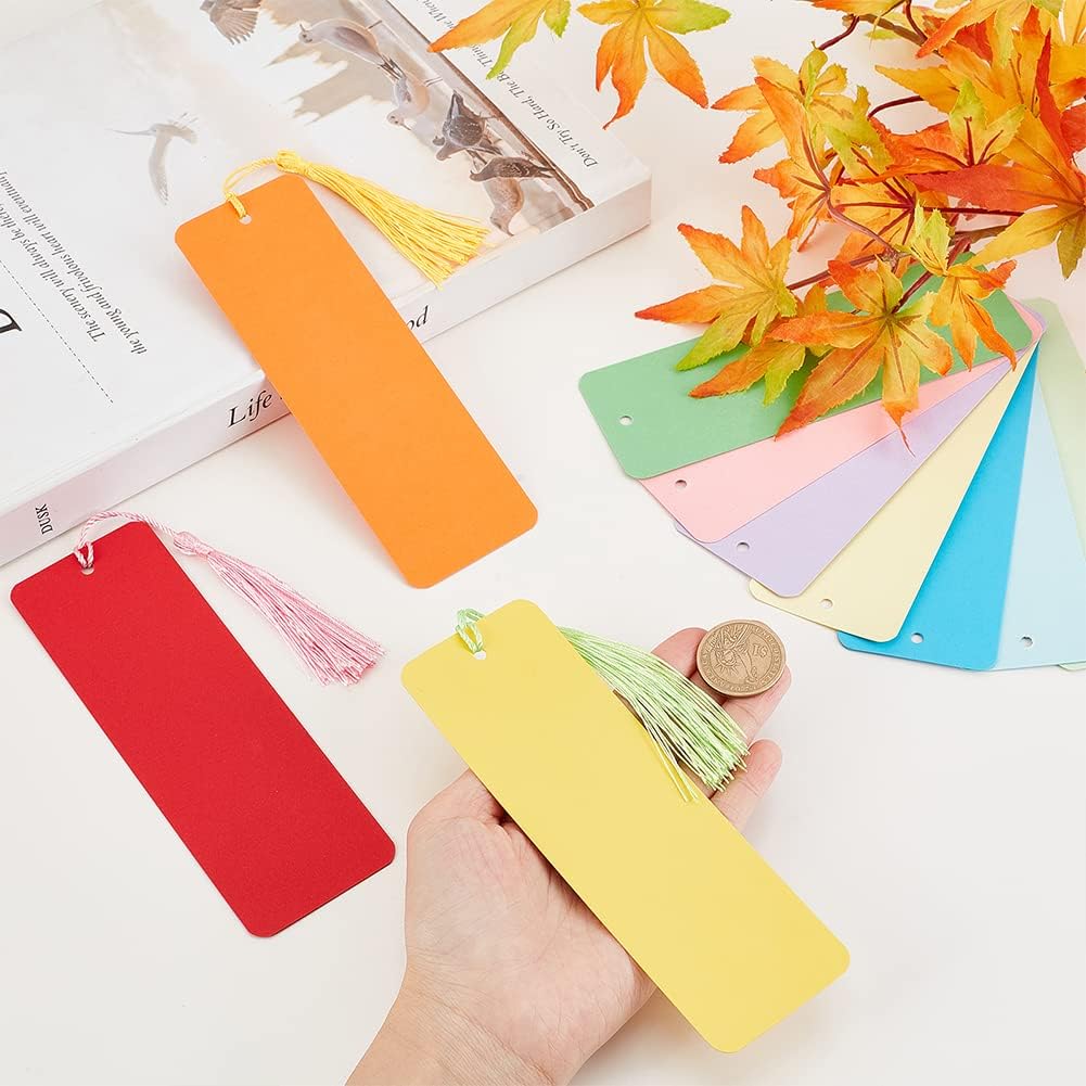 100pcs 10 Colors Kraft Paper Blank Cardstock Bookmarks 100pcs 10 Colors Bookmark Tassels for DIY Book Markers Gift Tag Crafts Making Party Decoration Classroom Projects