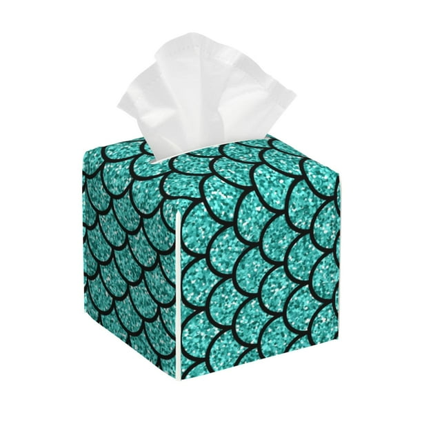 Balery Aquamarine Glitter Porta Pañuelos de Cuero con Estampado – Funda Moderna Cuadrada para Caja de Pañuelos, Dispensador 5x5x5''