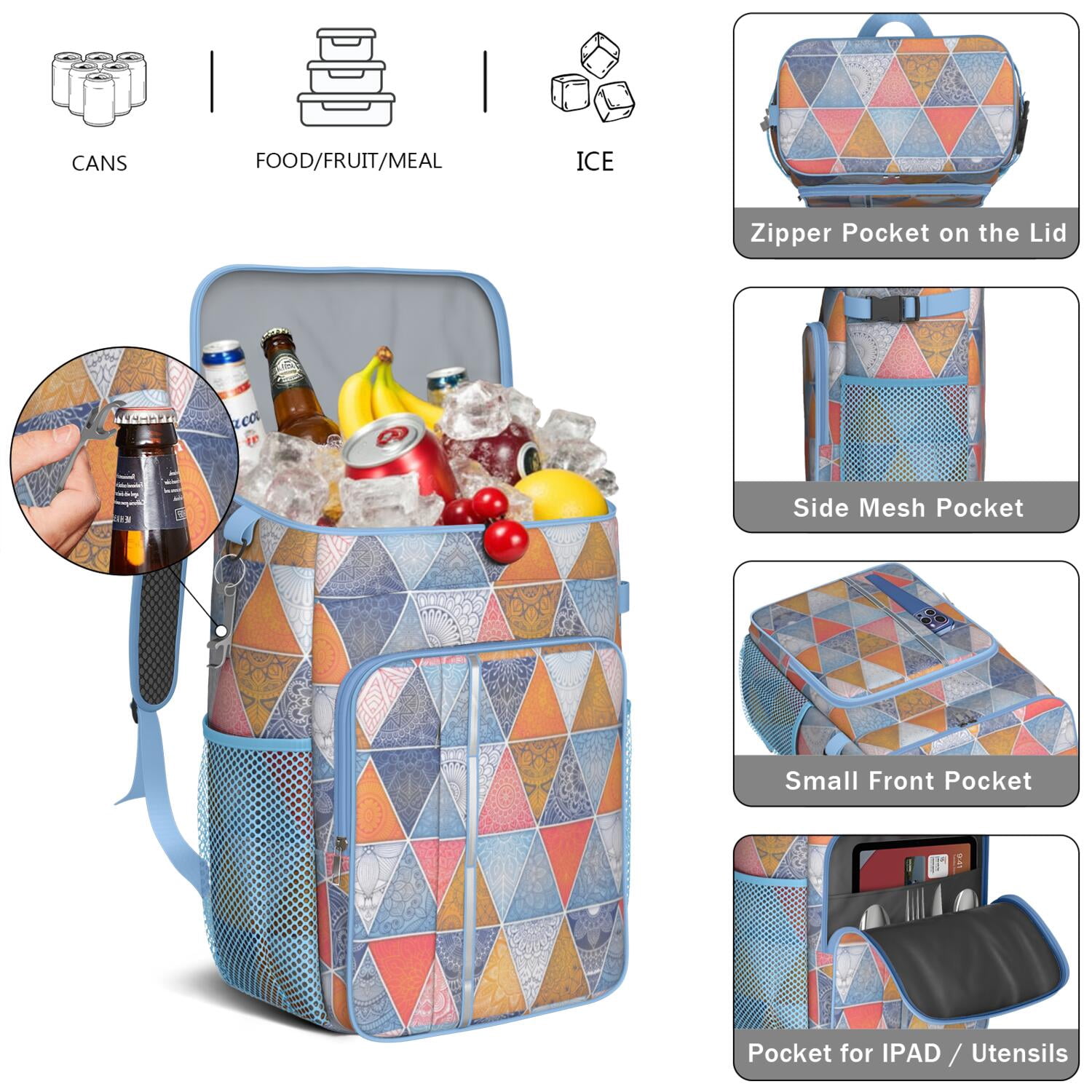 Travel Cooler Bag - Boho Bohemia Flower Camping Beer Cooler Backpack with Bottle Opener- Waterproof Insulated Picnic Backpacks - Cooler Bag for Beach