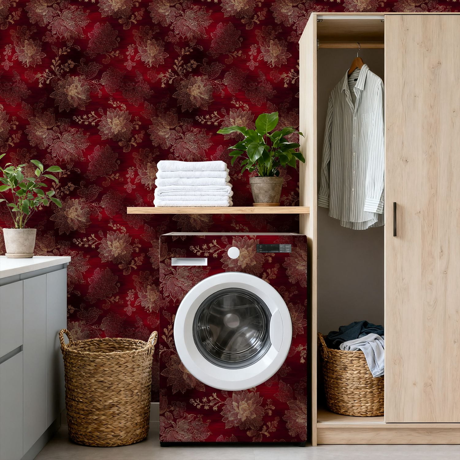 Vintage Peel and Stick Wallpaper Elegant Gold Floral Red Intricate Detailing Wall Mural 17.7in x 9.8ft Self Adhesive Removable Wall Paper Renter Friendly Wallpaper for Bedroom Livingroom Office