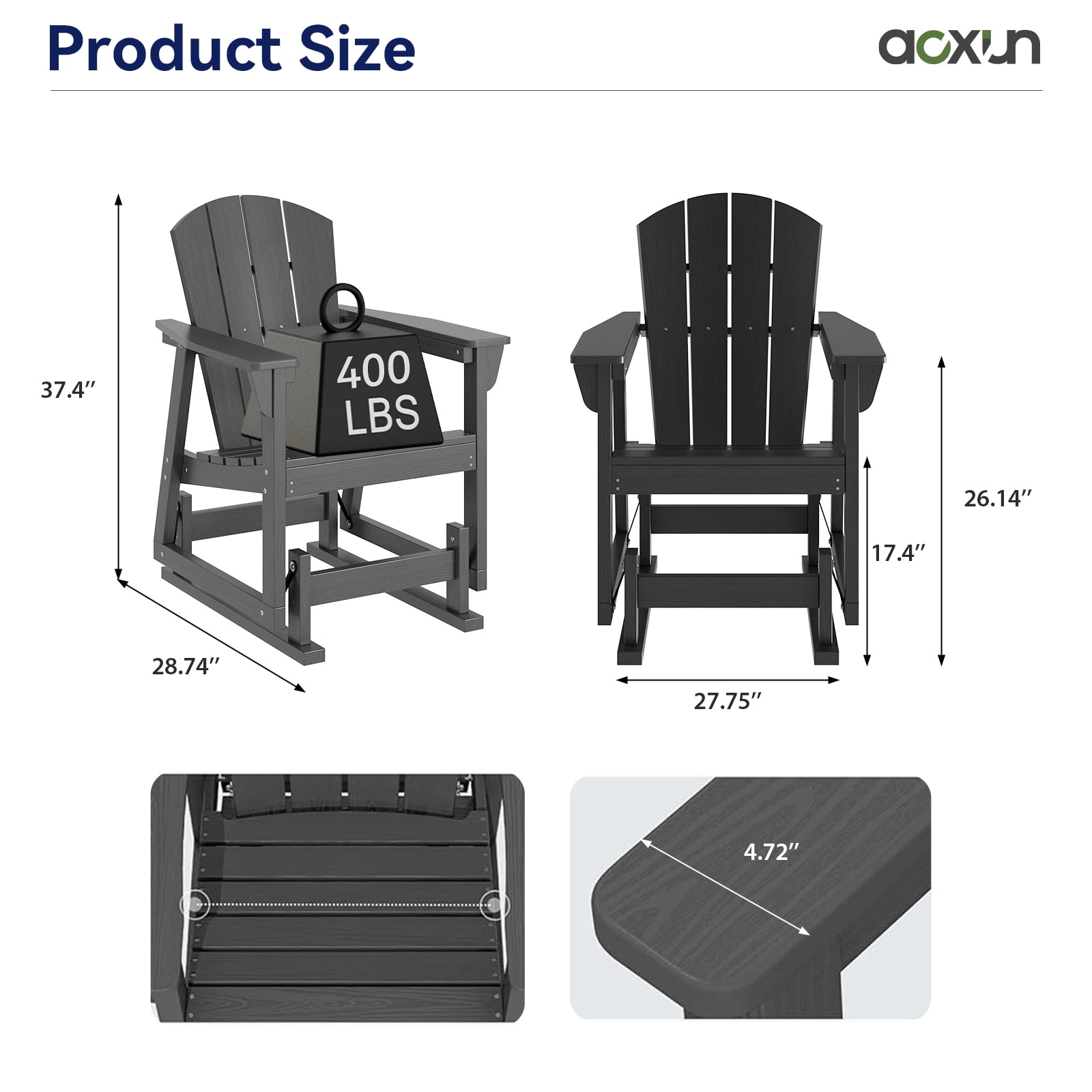 BaPiPro HDPE Adirondack Outdoor Glider Chair, Ergonomic High Back Wide Armrests All-Weather Patio Rocking Chair for Lawn Garden Porch Backyard, Gray