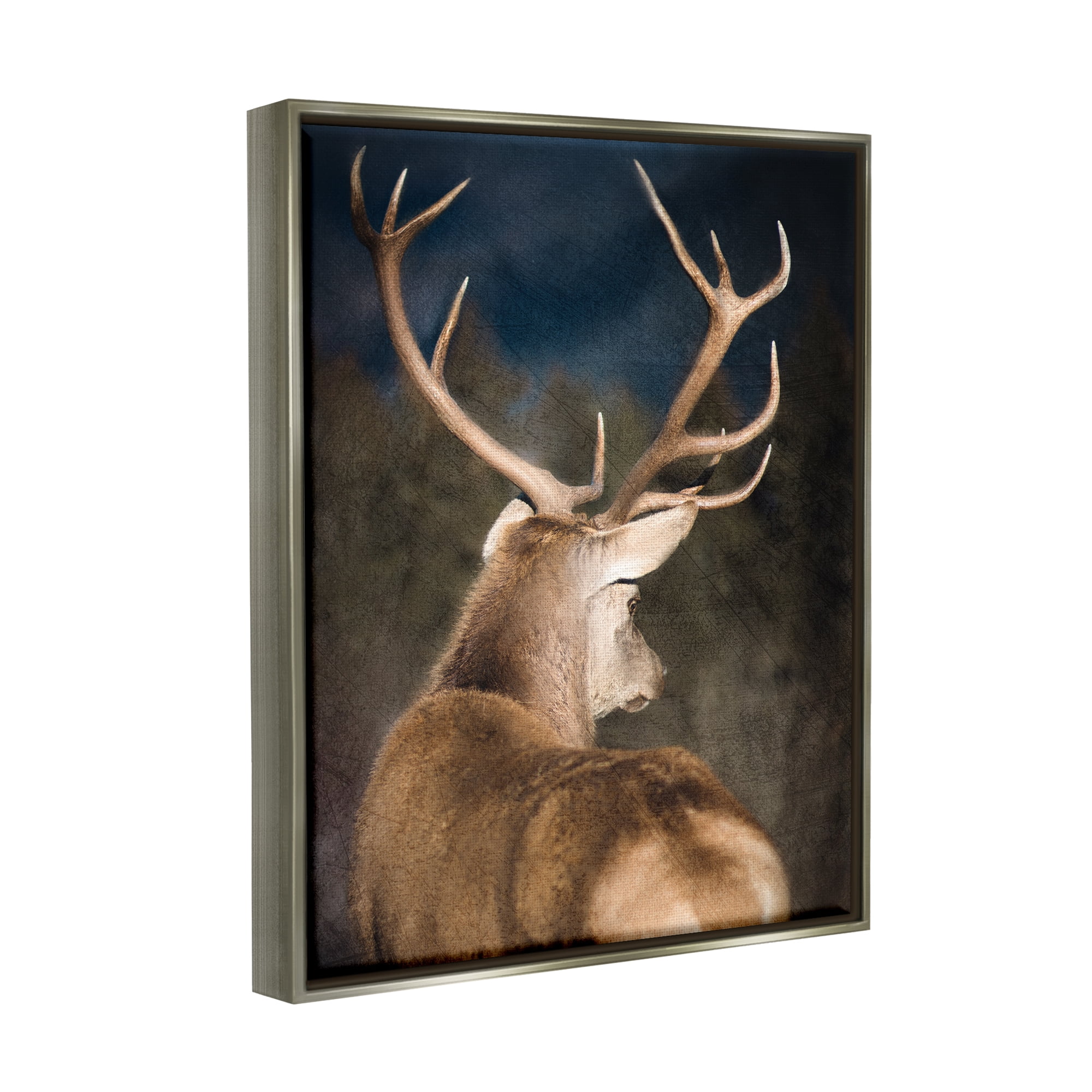 Stupell Industries Rustic Dark Deer Portrait Animals & Insects Painting Gray Floater Framed Canvas Art Print Wall Art, 17 x 21