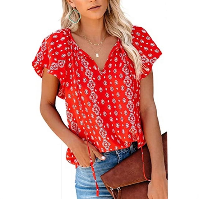 Nouveau T-Shirt Boho à Volants pour Femmes, Imprimé Floral Élégant, Col en V, Manches Courtes, Bandage