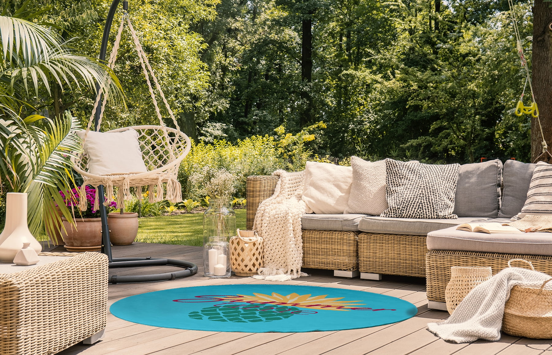5' Round Simply Daisy Summer Time Pineapple Tropical Chenille Area Rug, Lipstick Pink