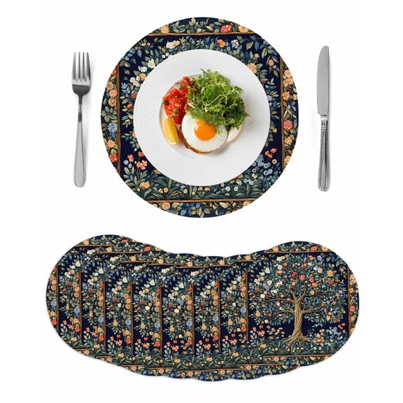 Tree Floral Round Placemats Set of 8 for Dinning Tables,Heat-proof Braided Table Mats 13 Inch,Boho Vintage Country Botanical Patterns Washable Place Mat for Kitchen Restaurant Party Table Decor