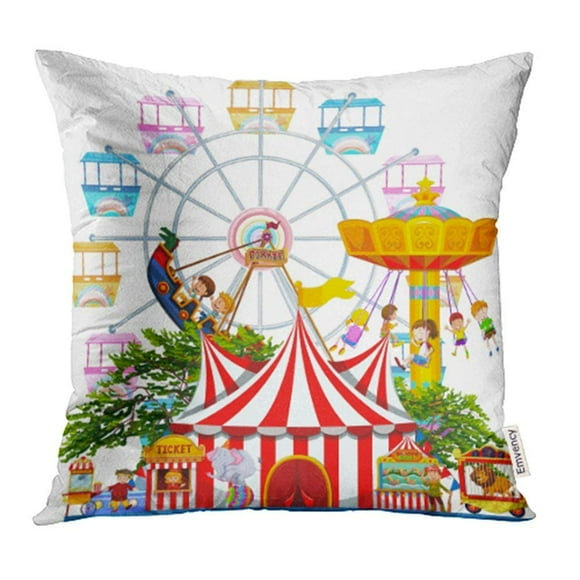 EREHome White Carnival Amusement Park Scene with Many Rides Food Circus Game Cartoon Pillowcase Cushion Cover 18x18 inch