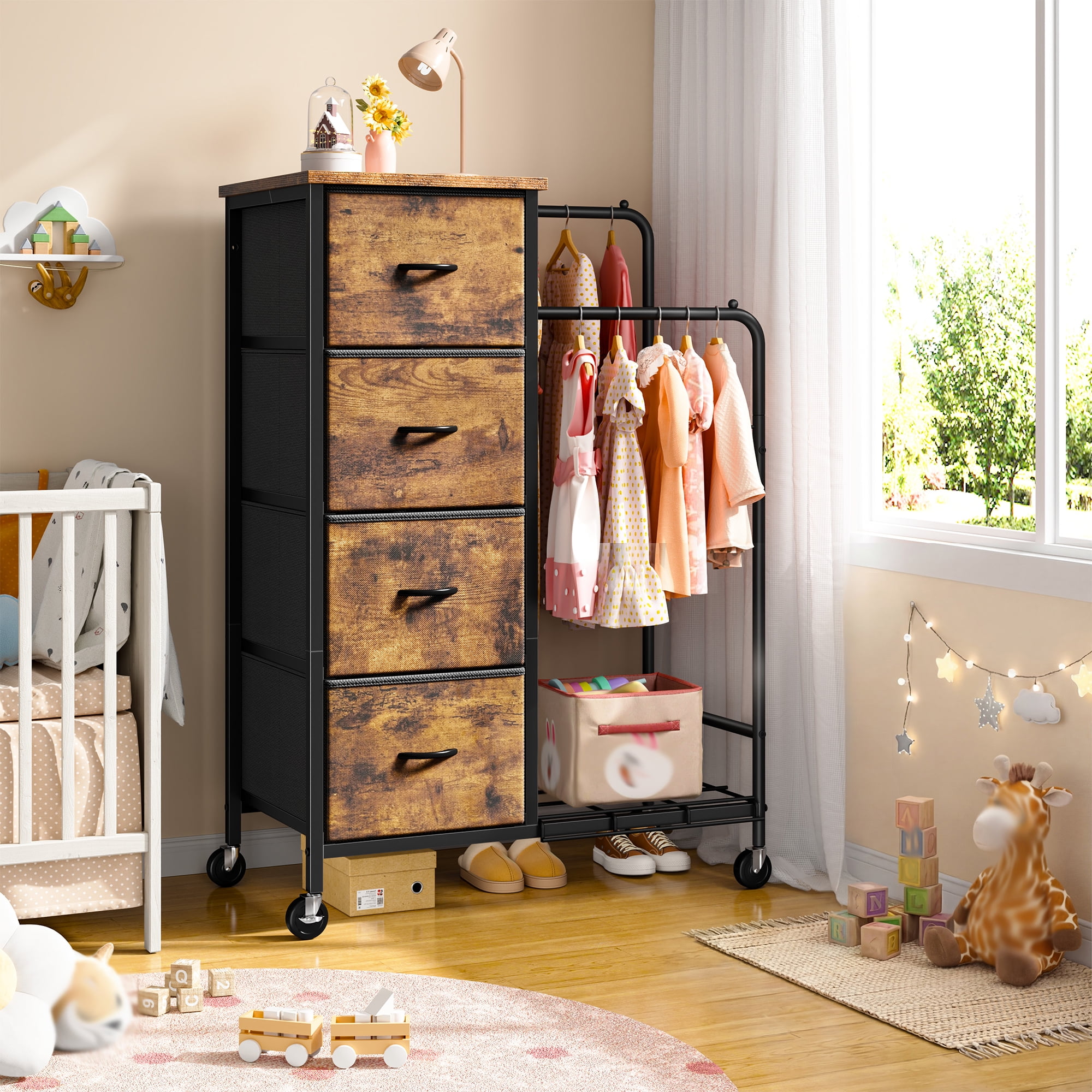 EnHomee Fabric Dresser with 2 Hanging Racks Small Dresser with 4 Drawers for bedroom Small Closet with Clothes Rack, Rustic Brown