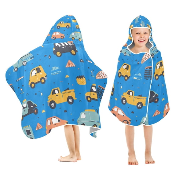 Cartoon Cars on Blue Kids Hooded Beach Towel Baby Bath Poncho Towels with Hood Absorbent 50"x23.5" for Pool Swimming
