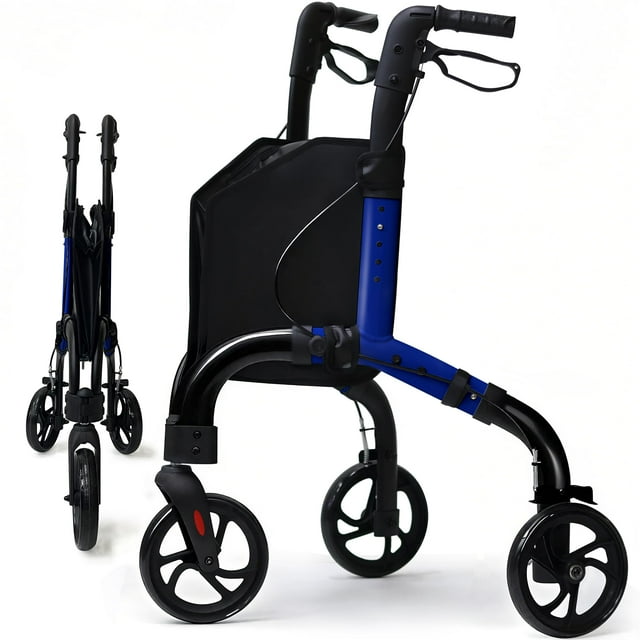 Andador de 3 ruedas premium para personas mayores, ligero y plegable, con bolsa de almacenamiento, de aluminio, para movilidad (negro y azul)