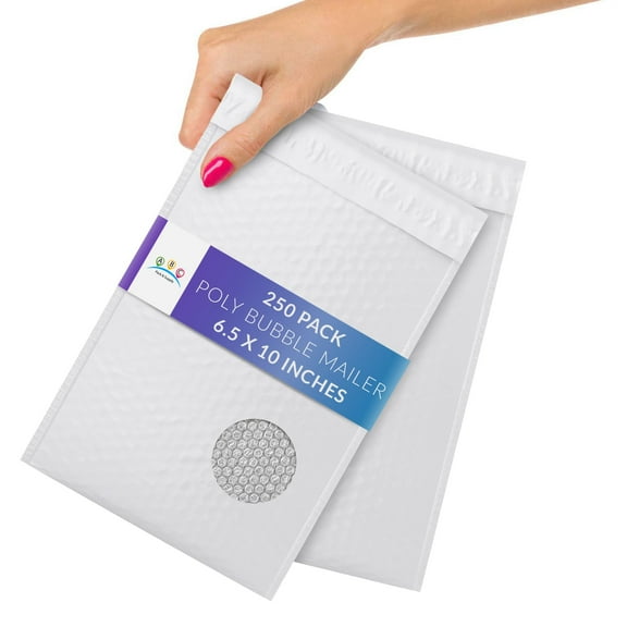 250 Pack Airjacket White Poly Bubble Mailers 6.5" x 10" #0 Cushion Padded Envelopes w/ Dual Peel & Seal and Zip Tear