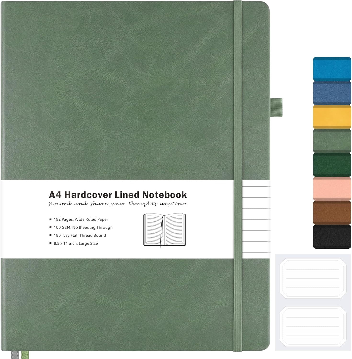 College Ruled Notebook, A4 Hardcover Leather Notebook for Work, Lined Notebook Journal for Women, Men, 192 Thick Paper, Lay Flat, Large Notebook with 2 Pockets, Professional Business Notebook, Green