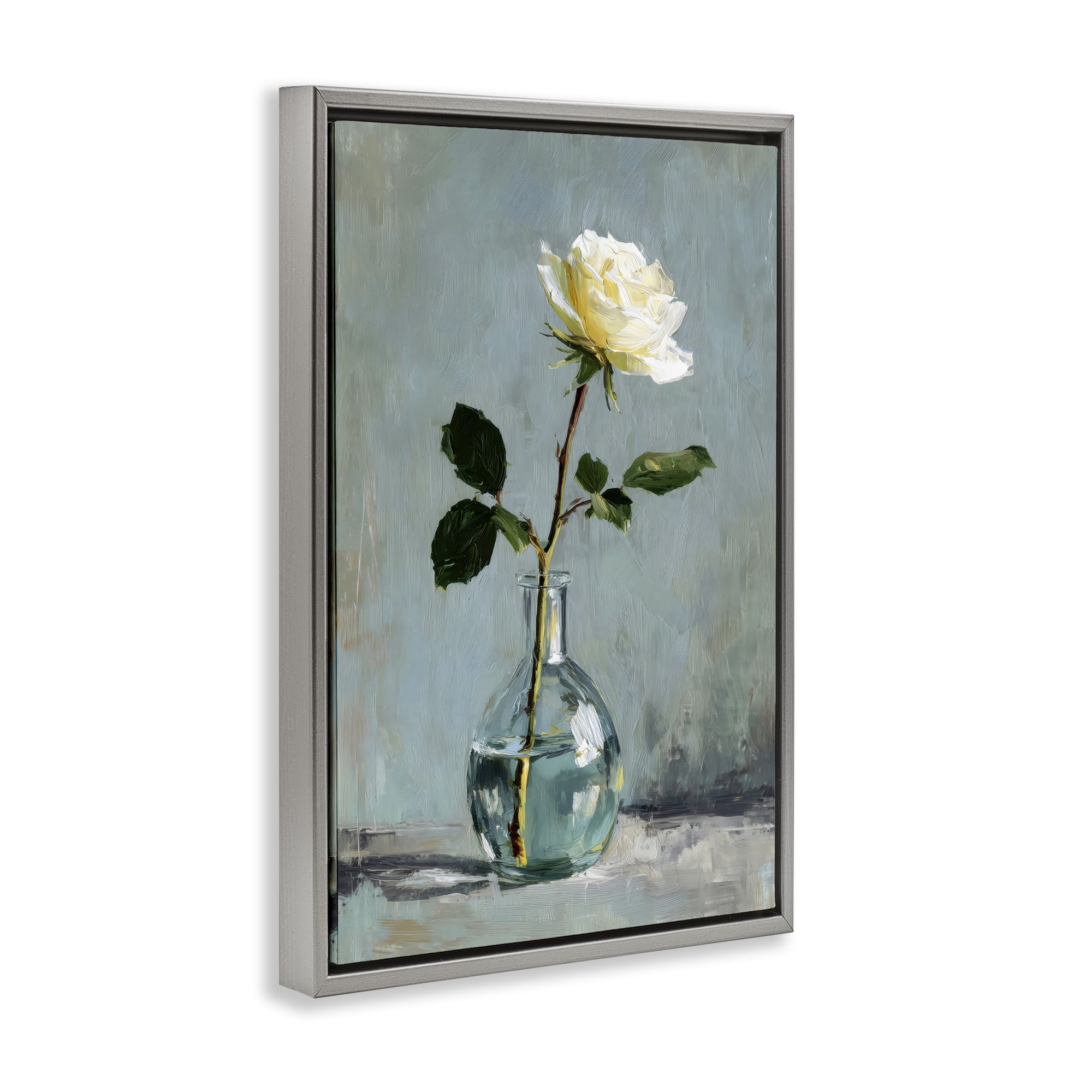 Stupell Industries Sweet White Rose in Vase Gray Framed Floater Canvas Wall Art, design by Petal Prints Design
