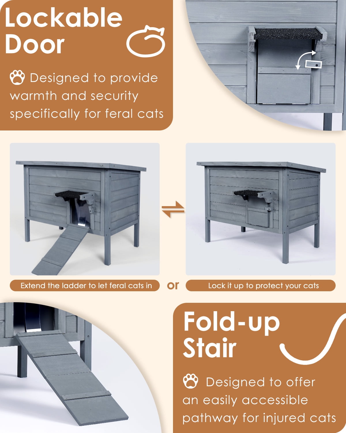 FURRYFECTION Outdoor-Cat-House-Insulated, Large Wooden Pet House for Multiple Cats with fold-up Stair & Acrylic Side Window