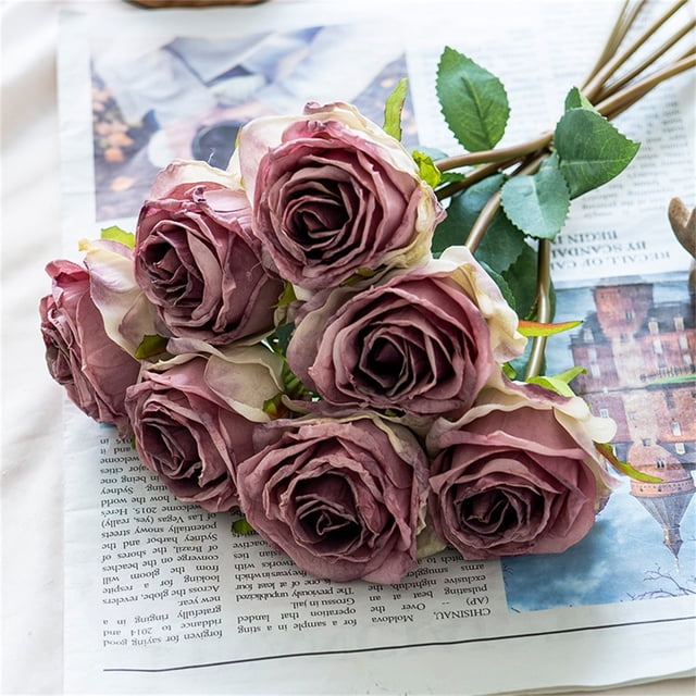 Ramo de Rosas Artificiales, Arreglo Floral Estilo Europeo con Bordes Quemados, Centro de Mesa de Flores Falsas con 7 Cabezas, Rosas de Seda Decorativas para Sala, Mesa, Decoración de Bodas