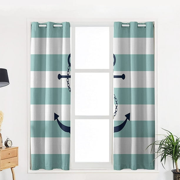 Curtains 84 Inch Length For Living Room Bedroom Blackout Darkening Turquoise Nautical Anchor Geometric Stripes Pattern Window Curtain Thermal Insulated With Grommet Ds 2 Panels Ca