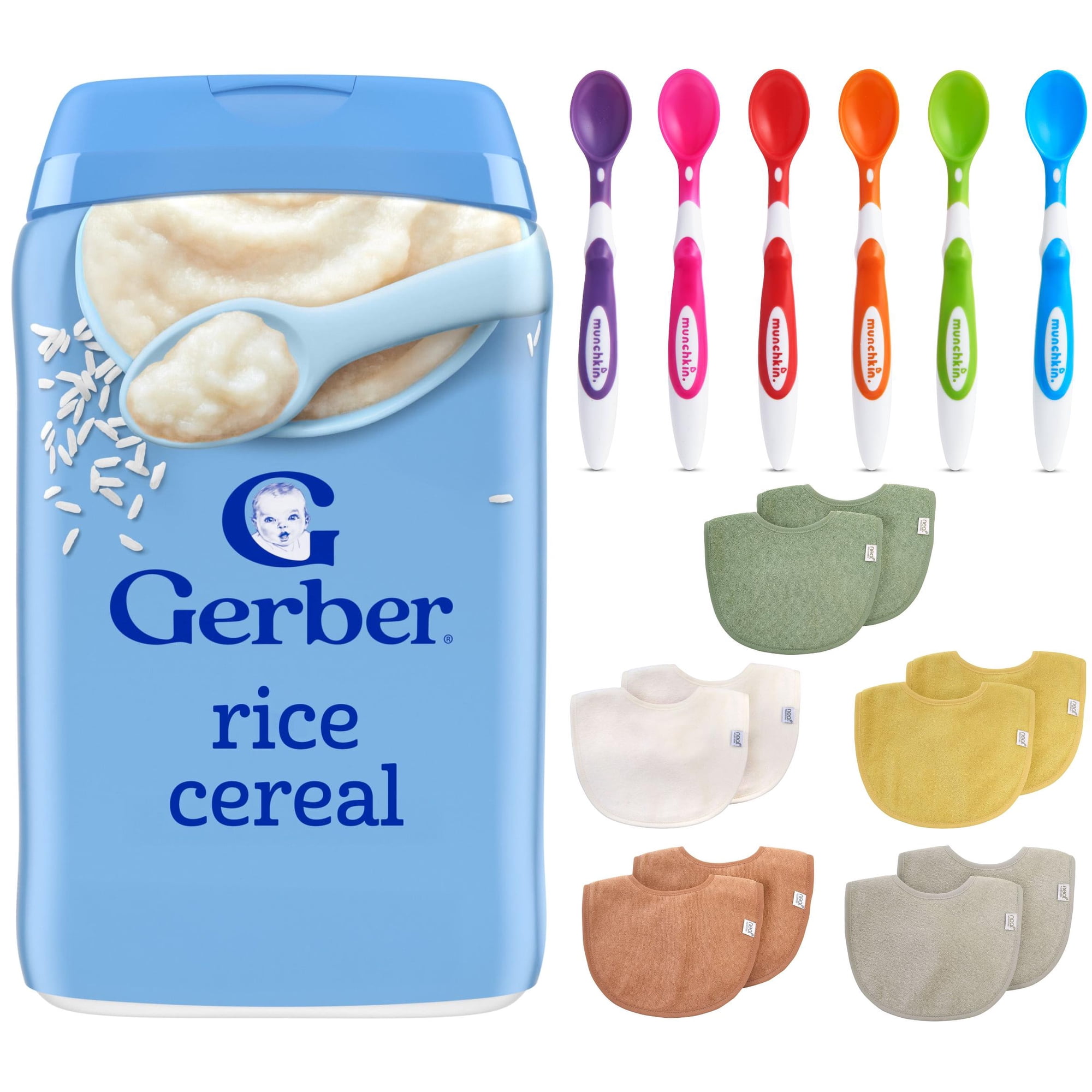 Gerber Baby Rice Cereal Feeding Essentials Bundle with Soft Tip Spoons and Infant Bibs