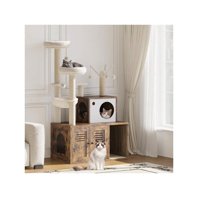 Ourlova Large Cat Tree With Litter Box Enclosure3 In 1 Cat Tower Hidden Pet Washroom Litter Box FurnitureWooden Multi Level Cat Condo Furniture With Sisal Scratching PostsSoft Plush Perch Hammock