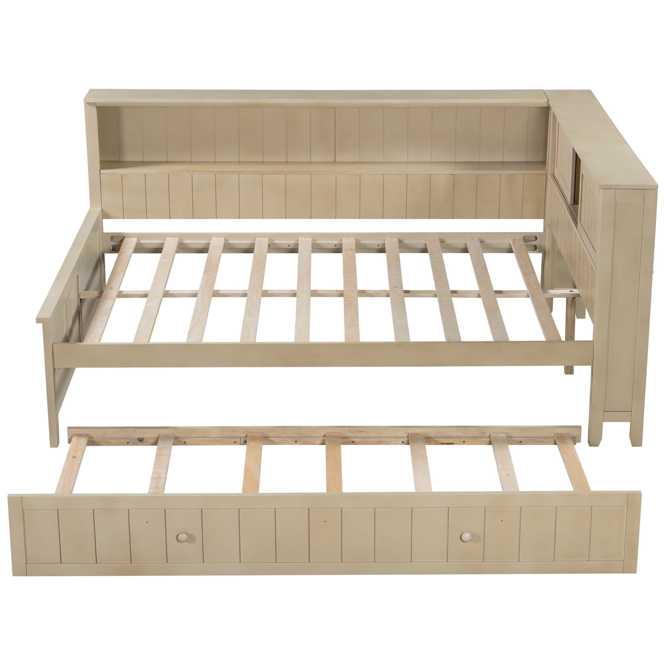 Noble House Illis Full Wood Daybed with Twin Trundle and Storage Shelves, Farmhouse Guest Bed Frame, Ancient White