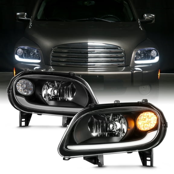 AKKON - Fit 2006-2011 Chevy HHR Halogen Type Headlights Headlamp with LED Bar Black Housing Replacement Driver - Passenger