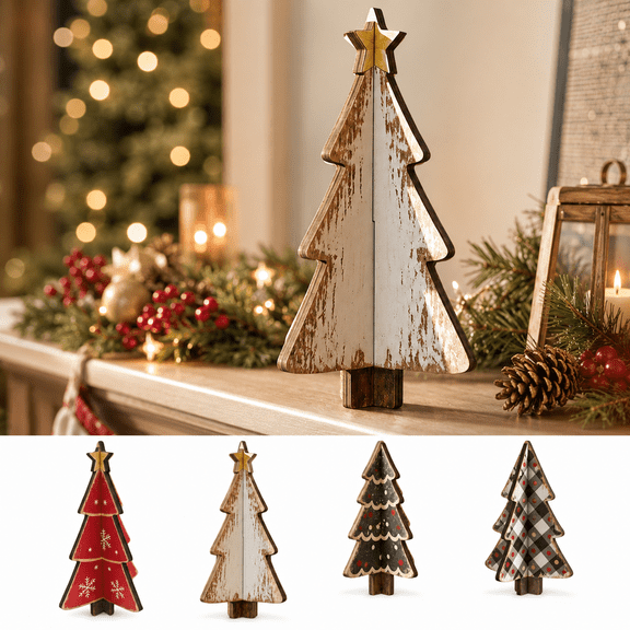 Wooden Christmas Tree Tabletop Decor, 3D Snap Together Wood Xmas Tree Ornament, Reusable Holiday Centerpiece for Table Shelf Mantel Window