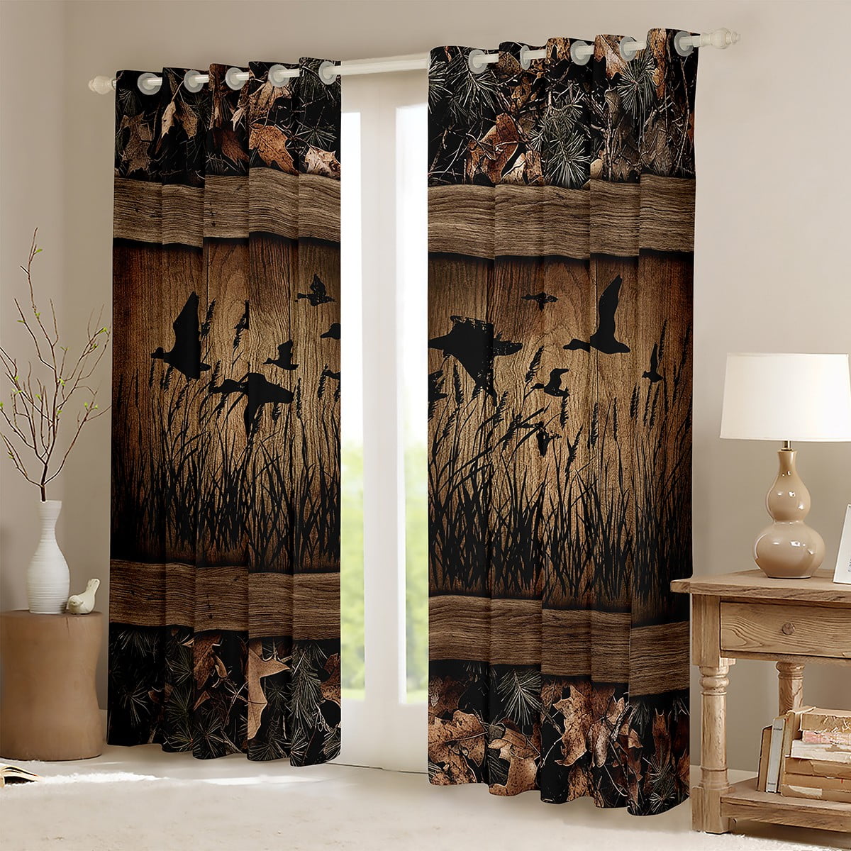 Camo Mallard Duck 30%-50% Blackout Curtains Men Rustic Farmhouse Cabin Curtains 42"Wx63"L,Hunting Woodland Duck Window Curtains Country Wood Board Animal Curtains 2 Panels