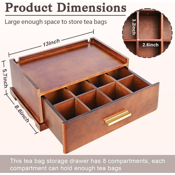 Wooden Tea Box Organizer – Tea Bag Storage Caddy with Removable Drawer, Countertop Tea Station Organizer, Brown Tea Holder for Kitchen & Pantry