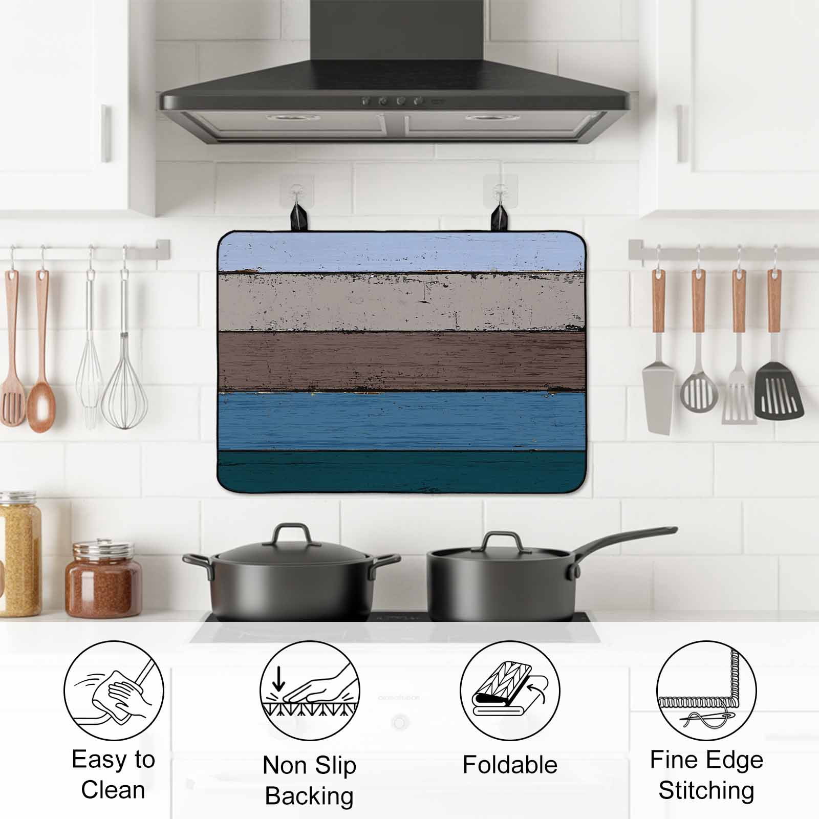 Blue Brown Grey Stove Top Cover for Electric Stove, Heat-proof & Non Slip Glass Top Stove Cover Protector, Vintage Stripe Farmhouse Wood Grain Kitchen Flat Cooktop Rubber Mat 24x21 Inches