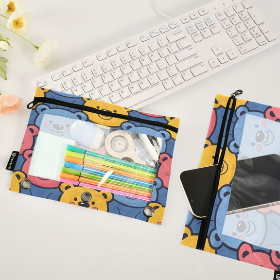 Full Bears 2 Pack Pencil Pouches Zipper Pencil Case 3 Ring Pencil Pouch Cosmetic Bag