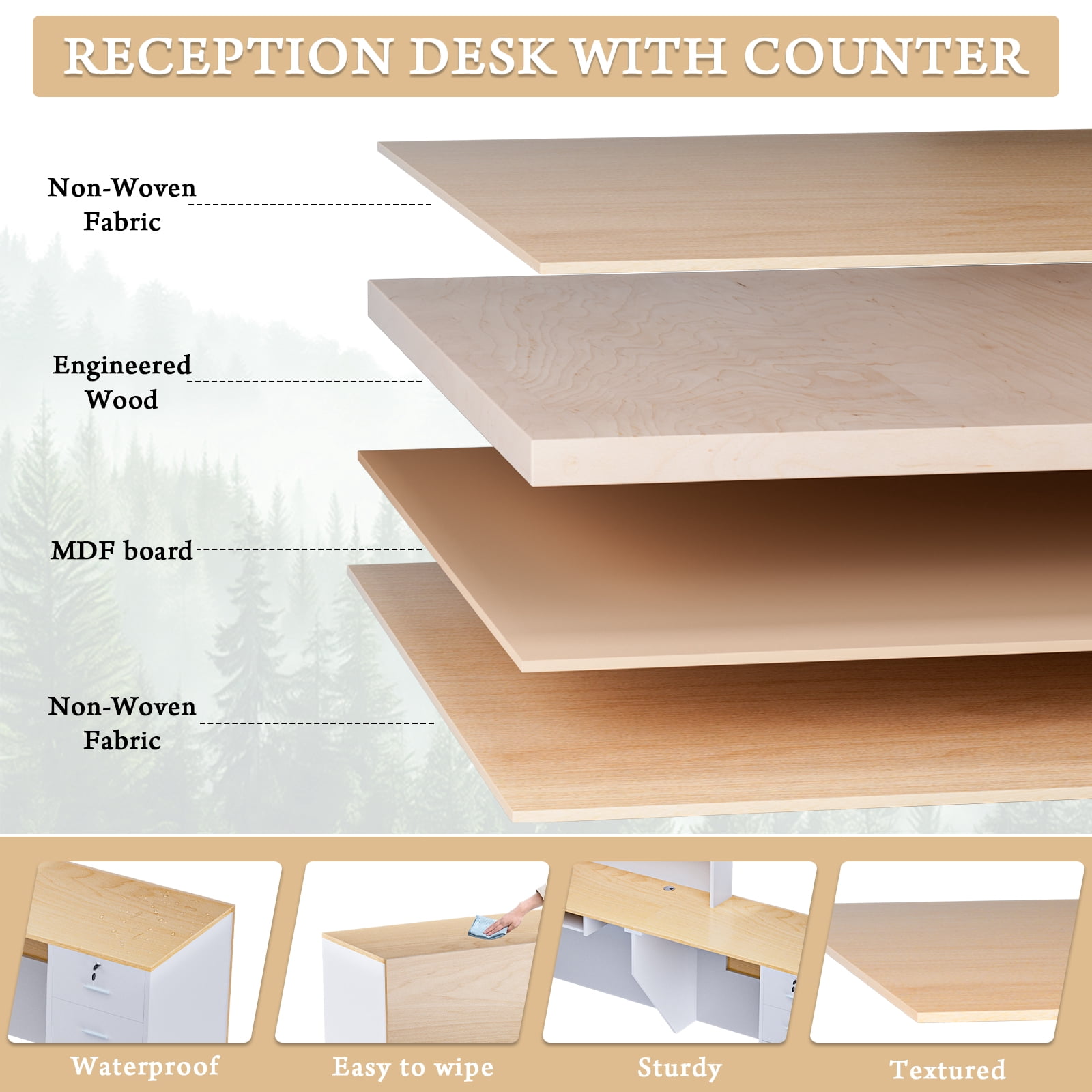 Vakiorn 71in L-Shaped Reception Desk Natural Wood White with Lockable Drawers for Office Lobby