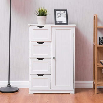 Ktaxon Wooden Bathroom Floor Cabinet,Side Storage Organizer Cabinet with 4 Drawers,1 Cupboard & 2-Shelves,MDF,White
