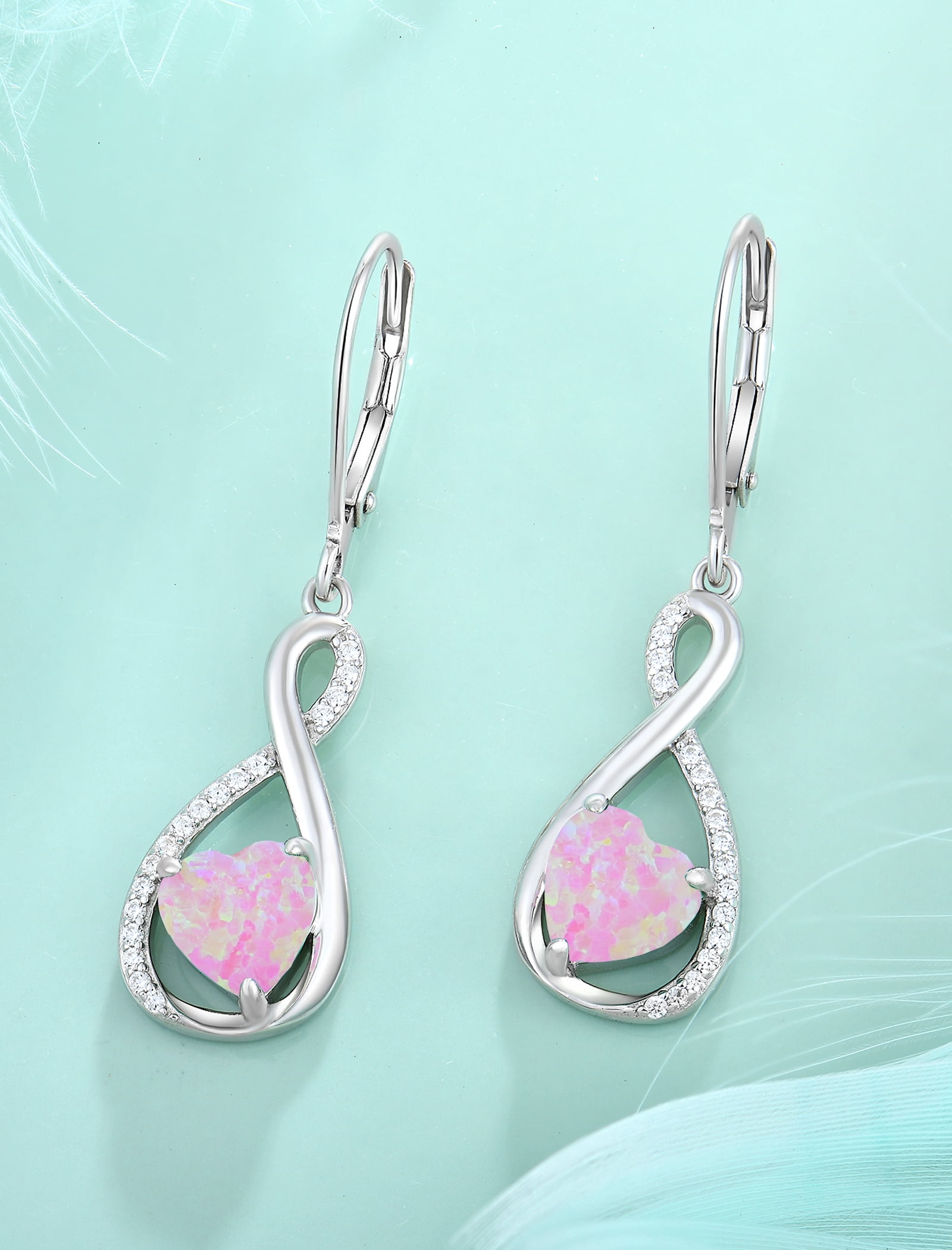 VESITIM Infinity Dangle Leverback Earrings 925 Sterling Silver Heart Earrings Created Pink Opal Jewelry for Women