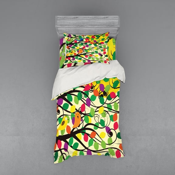 Ambesonne Birds Bedding Set 3 Pcs, Happy Birds Colorful Tree, Twin XL, Multicolor