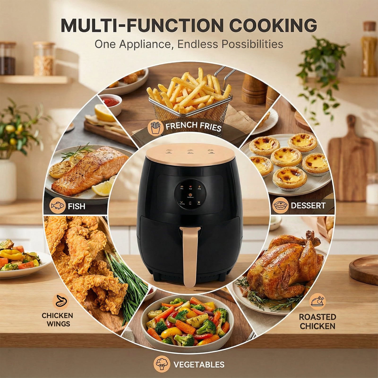 Air Fryer 5L , adjustable temperature up to 200°C, 0-60-minute timer, 7 preset menus, oil-free cooking, and 1350W power, ideal for families of 3-5 people.