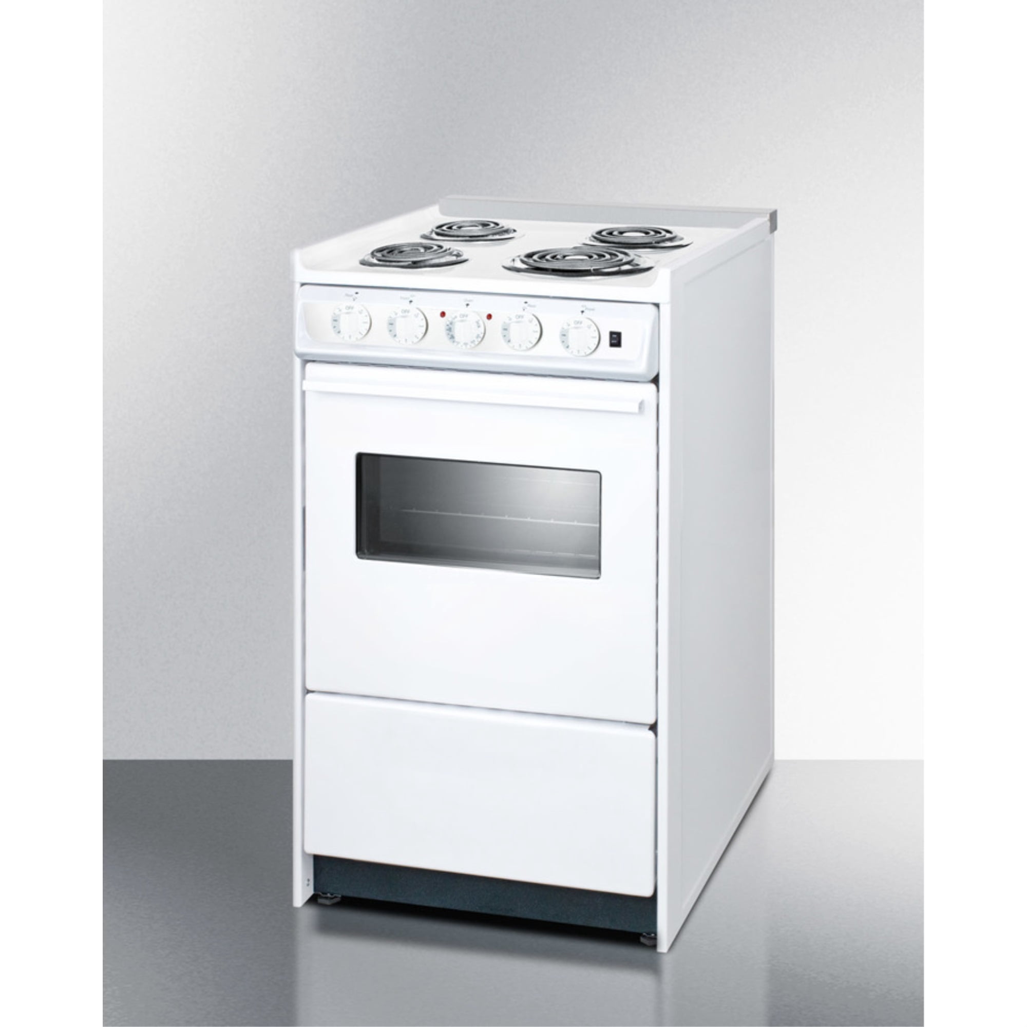 20" wide slide-in style electric coil top range in white with oven window